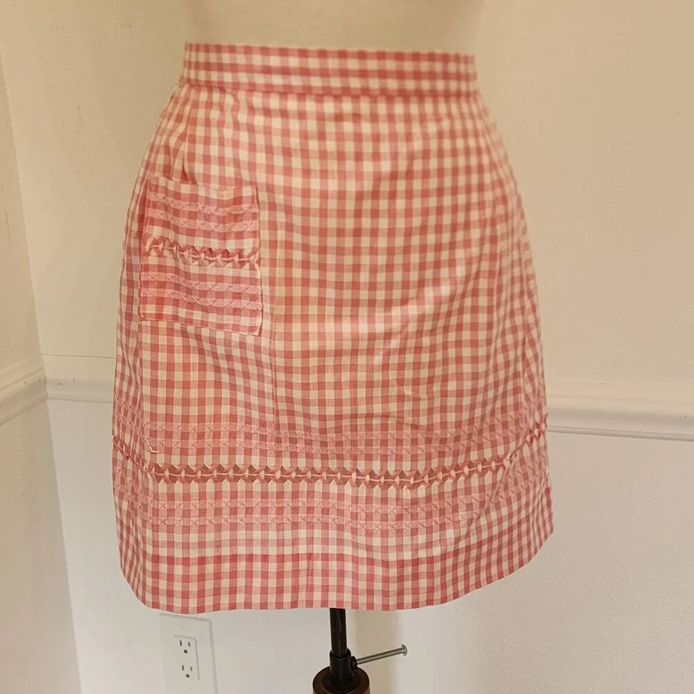 Vintage Handmade Pink & White Gingham Apron With Pocket & Bow Tie
